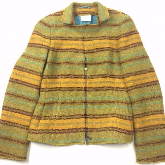 Akris Punto Blazer Jacket Womens 6 Green Multi Stripe Tweed Wool Mohair Zip Up - Picture 1 of 12